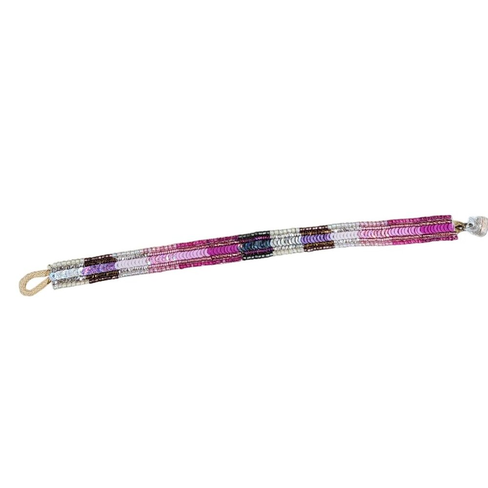 Pink White Beaded Sequined Band Bracelet Fashion Jewelry Bead Loop Closure